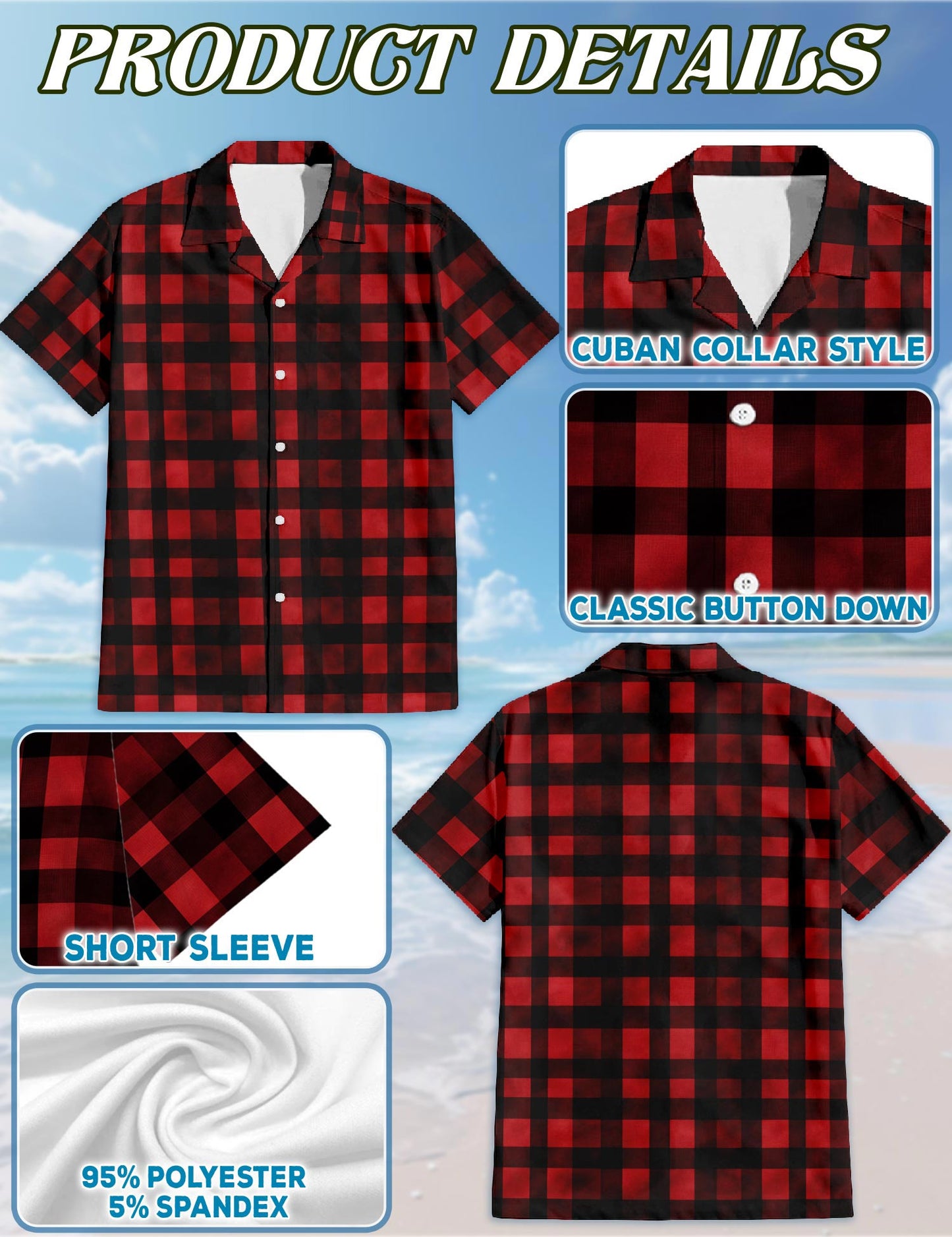 Netecom Red And Black Buffalo Plaid Hawaiian Shirt for Men, Button Down Summer Beach Short Sleeve, S-5XL