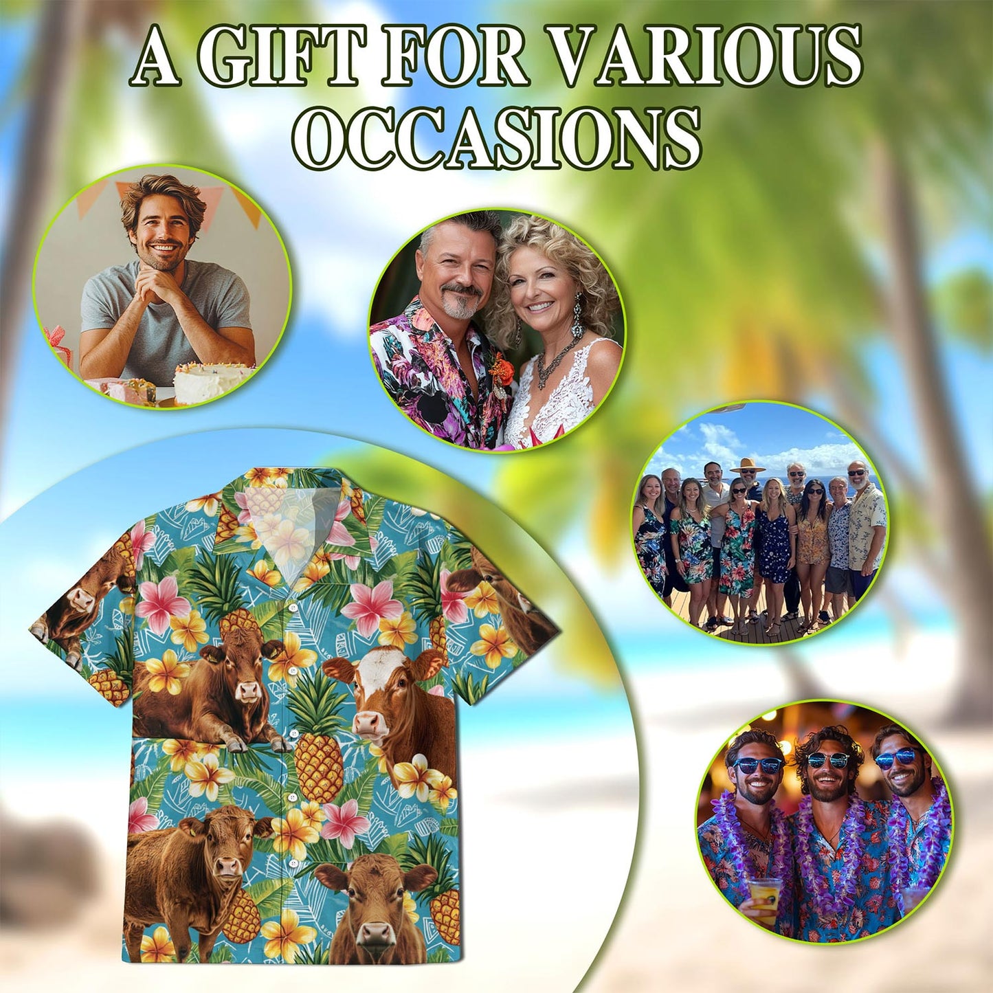 Netecom Red Angus Cattle Pineapple Hawaiian Shirt for Men, Tropical Style, Button Down Summer Beach Short Sleeve, Sizes S-5XL