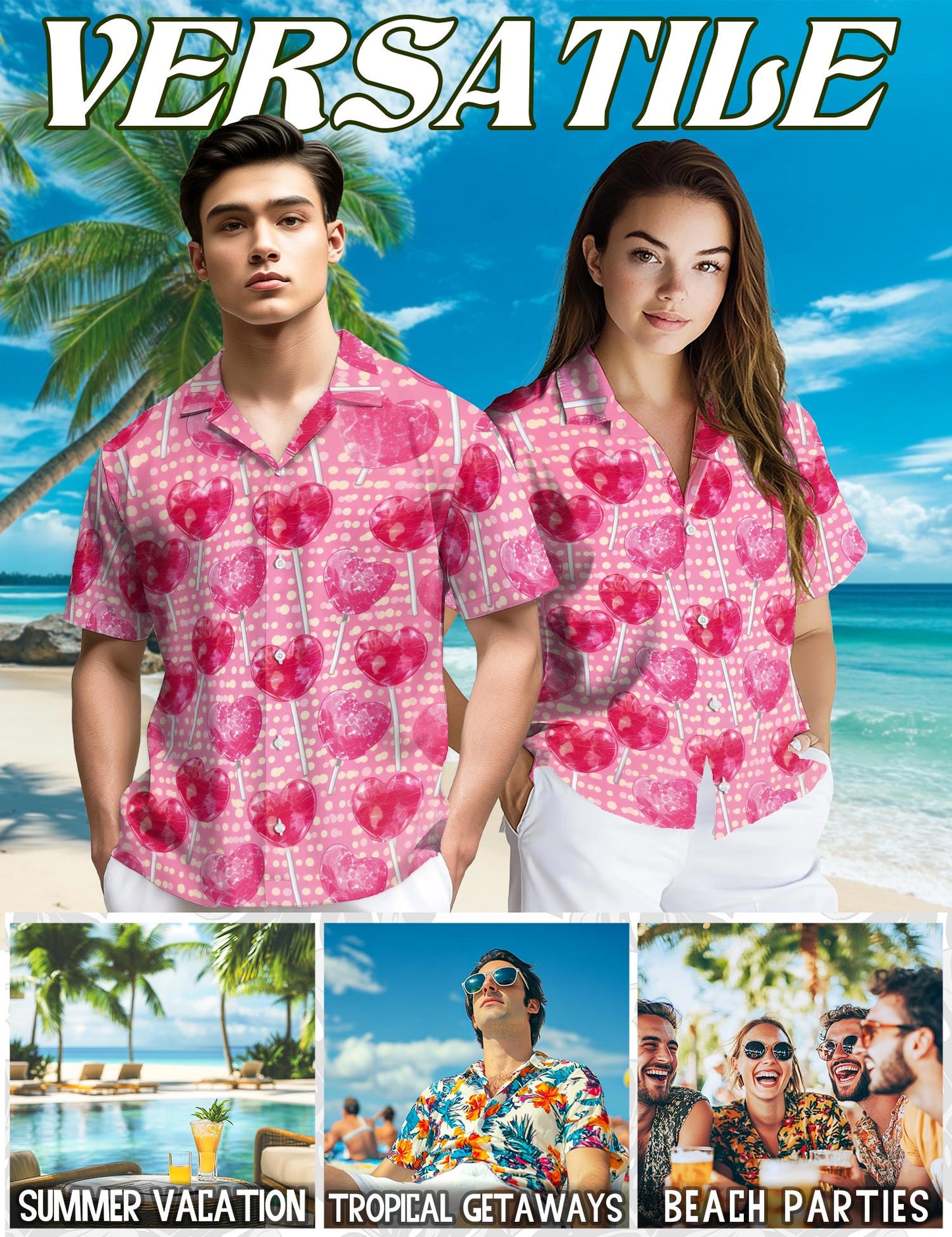 Netecom Red Heart Pattern Hawaiian Shirt for Men, Retro Style, Button Down Summer Beach Short Sleeve, S-5XL