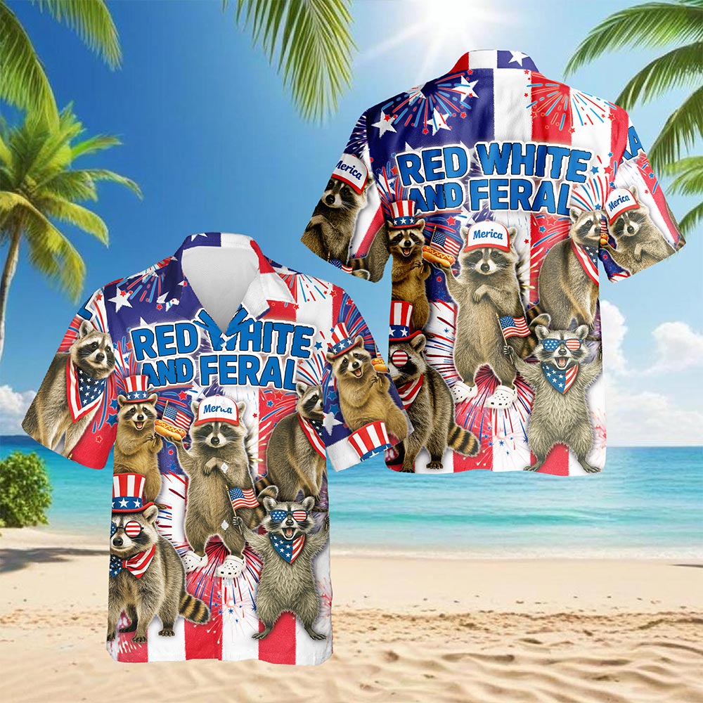 Netecom Red White and Feral Raccoon Hawaiian Shirt, American Flag Patriotic 4th Of July Button Down Shirts, S-5XL
