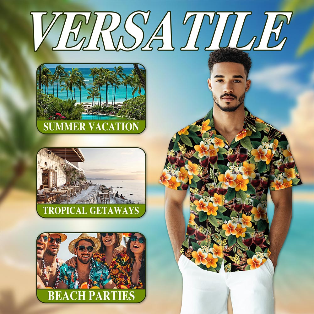 Netecom Red Wine Hawaiian Shirt for Men, Tropical Style, Button Down Summer Beach Short Sleeve, S-5XL