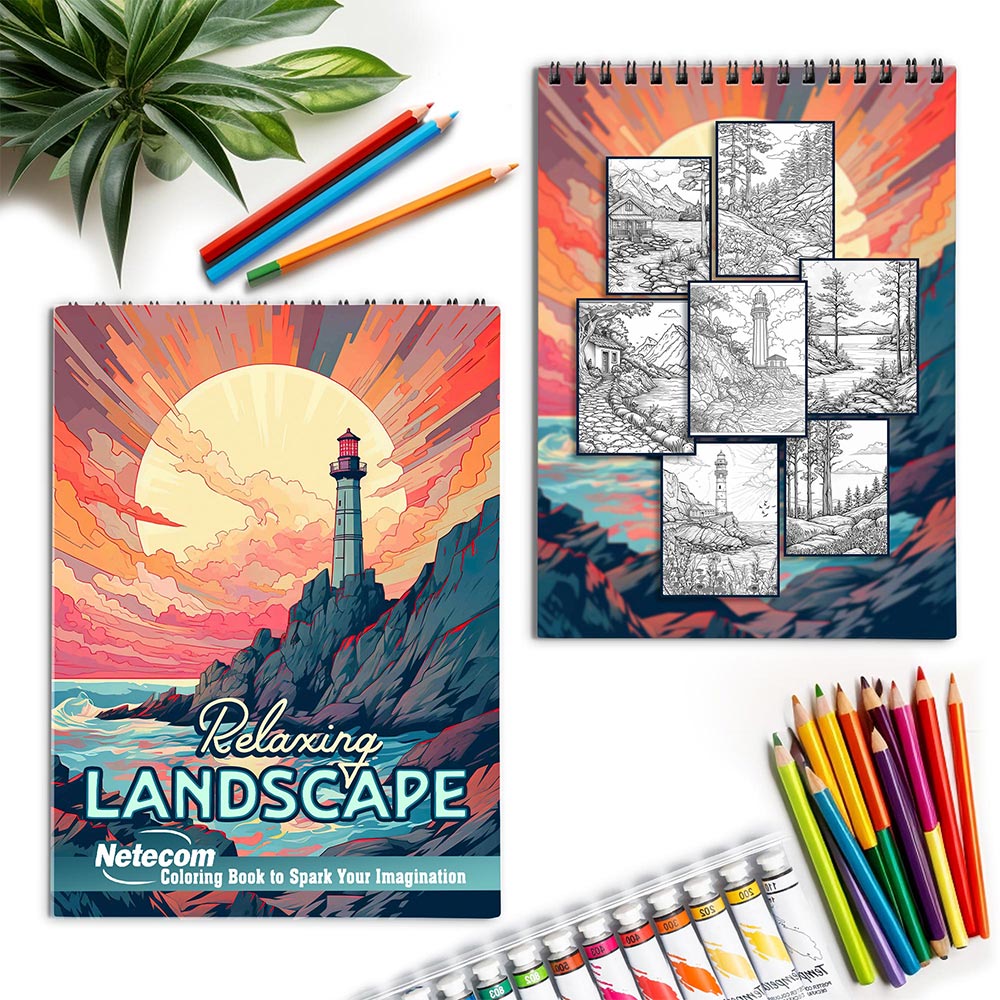 Netecom Relaxing Landscape Coloring Book Spiral Bound for Adults