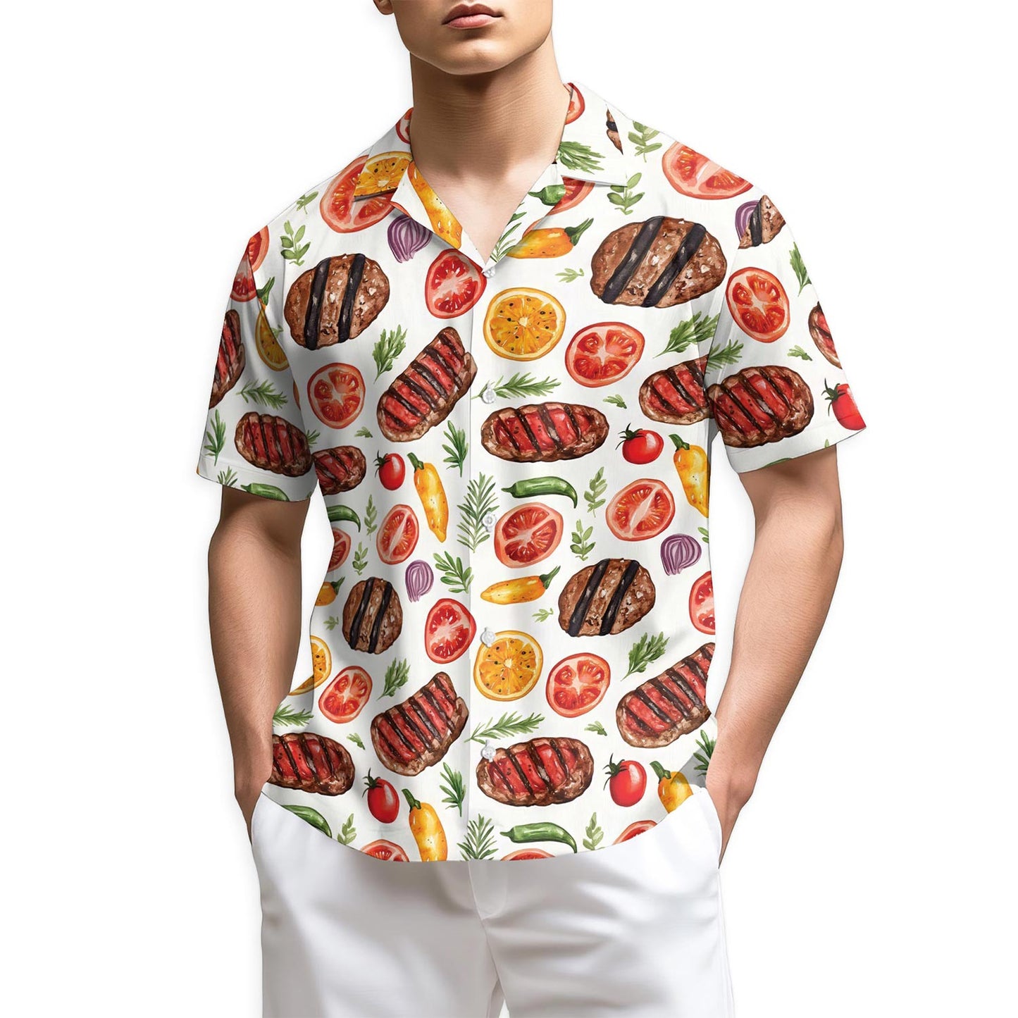 Netecom Retro BBQ Hawaiian Shirt for Men, Vintage Style, Button Down Summer Beach Short Sleeve, S-5XL
