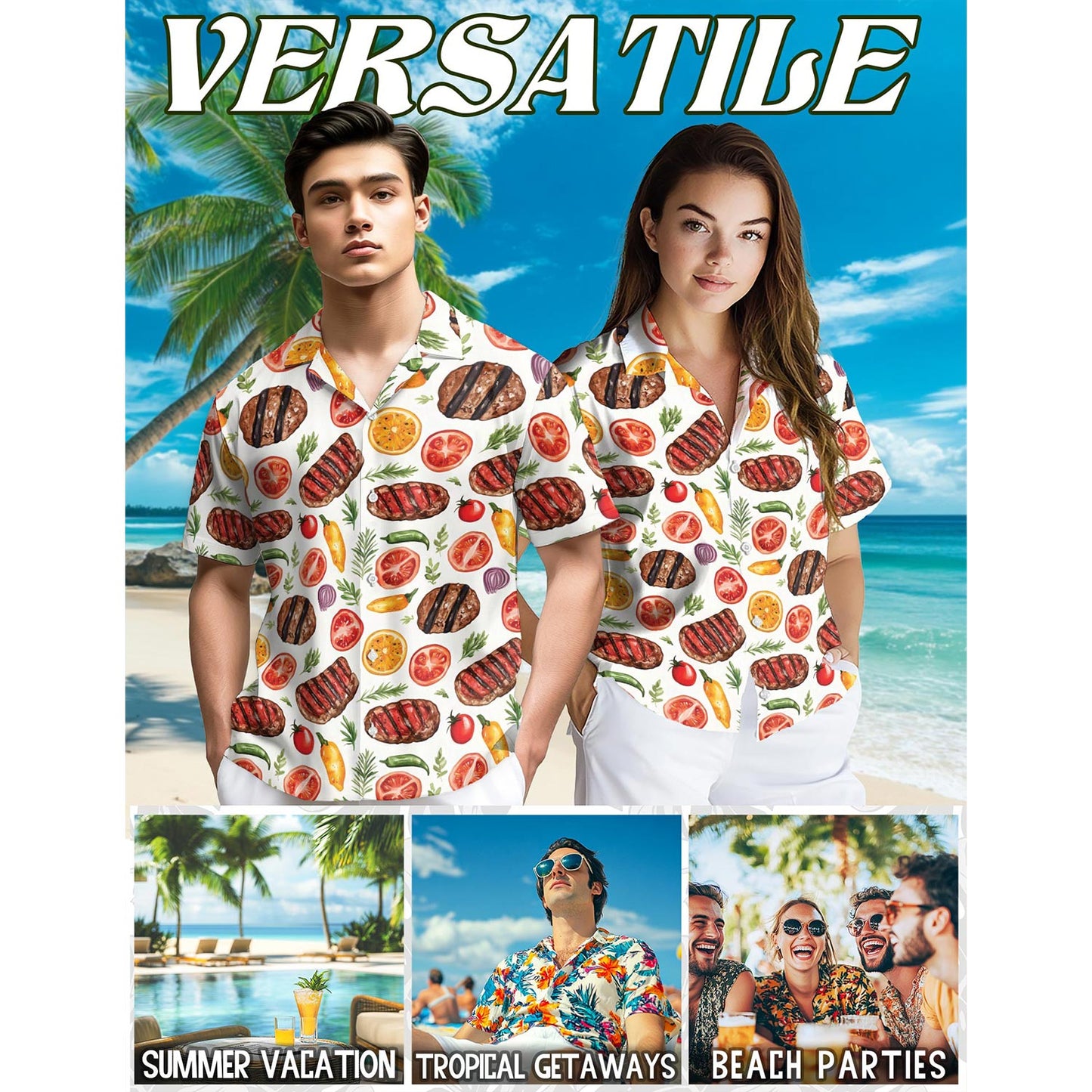 Netecom Retro BBQ Hawaiian Shirt for Men, Vintage Style, Button Down Summer Beach Short Sleeve, S-5XL