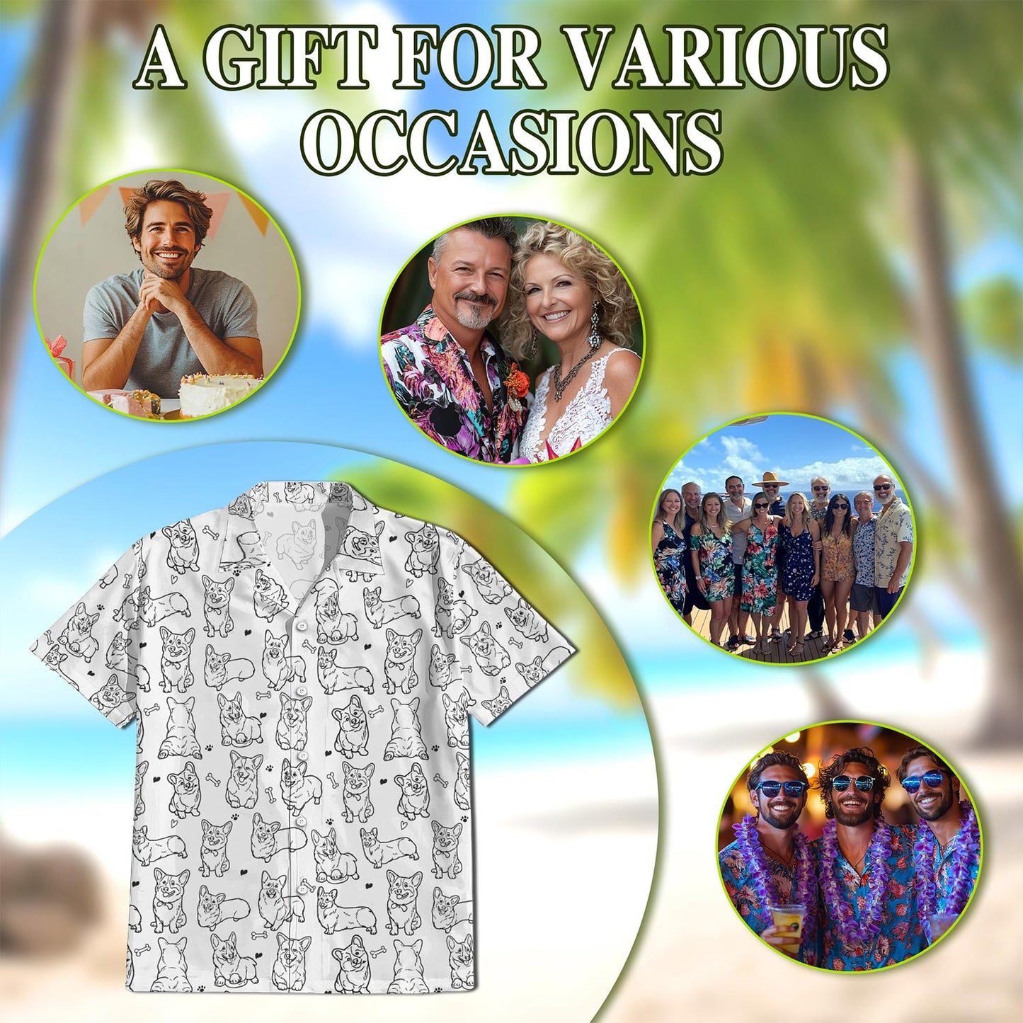 Netecom Retro Corgi Hawaiian Shirt for Men, Vintage Style, Button Down Summer Beach Short Sleeve, S-5XL