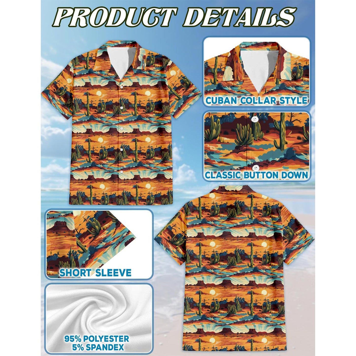 Netecom Retro Desert Hawaiian Shirt for Men, Vintage Style, Button Down Summer Beach Short Sleeve, S-5XL
