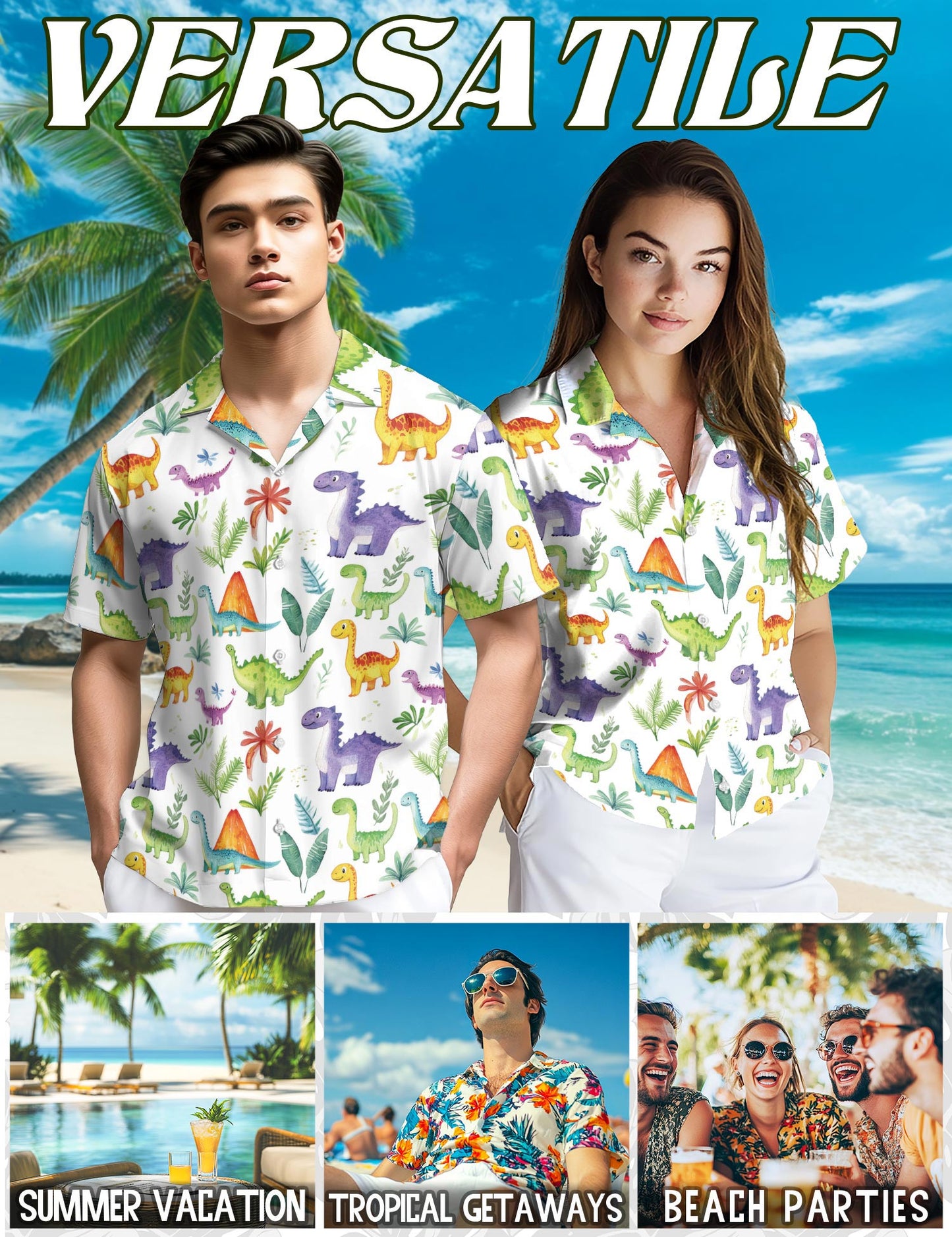 Netecom Retro Dinosaur Hawaiian Shirt for Men, Tropical Style, Button Down Summer Beach Short Sleeve, S-5XL