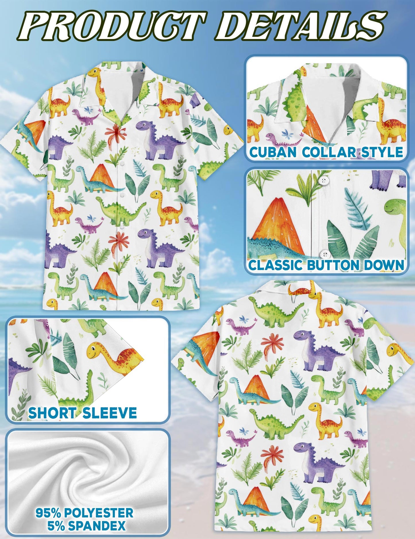 Netecom Retro Dinosaur Hawaiian Shirt for Men, Tropical Style, Button Down Summer Beach Short Sleeve, S-5XL