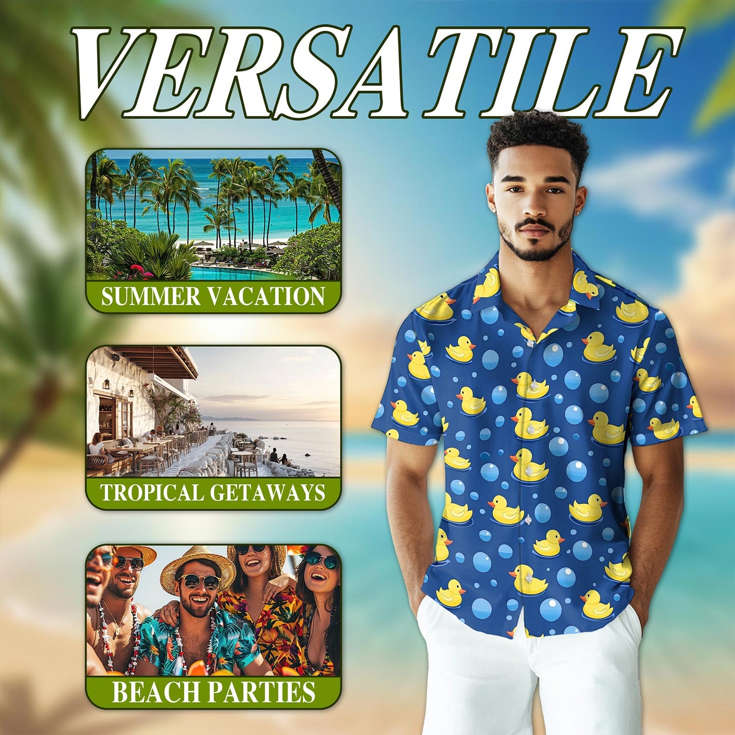 Netecom Retro Duck Hawaiian Shirt for Men, Vintage Style, Button Down Summer Beach Short Sleeve, S-5XL