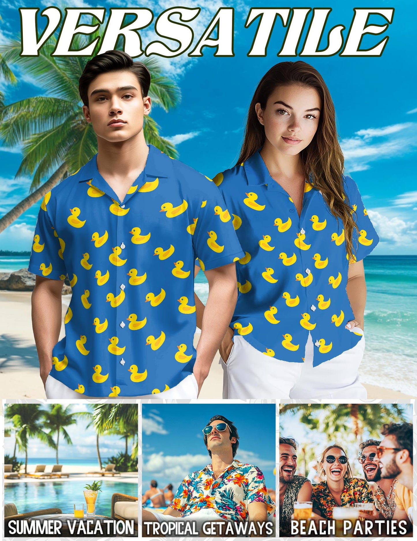 Netecom Retro Duck Hawaiian Shirt for Men, Vintage Style, Button Down Summer Beach Short Sleeve, S-5XL