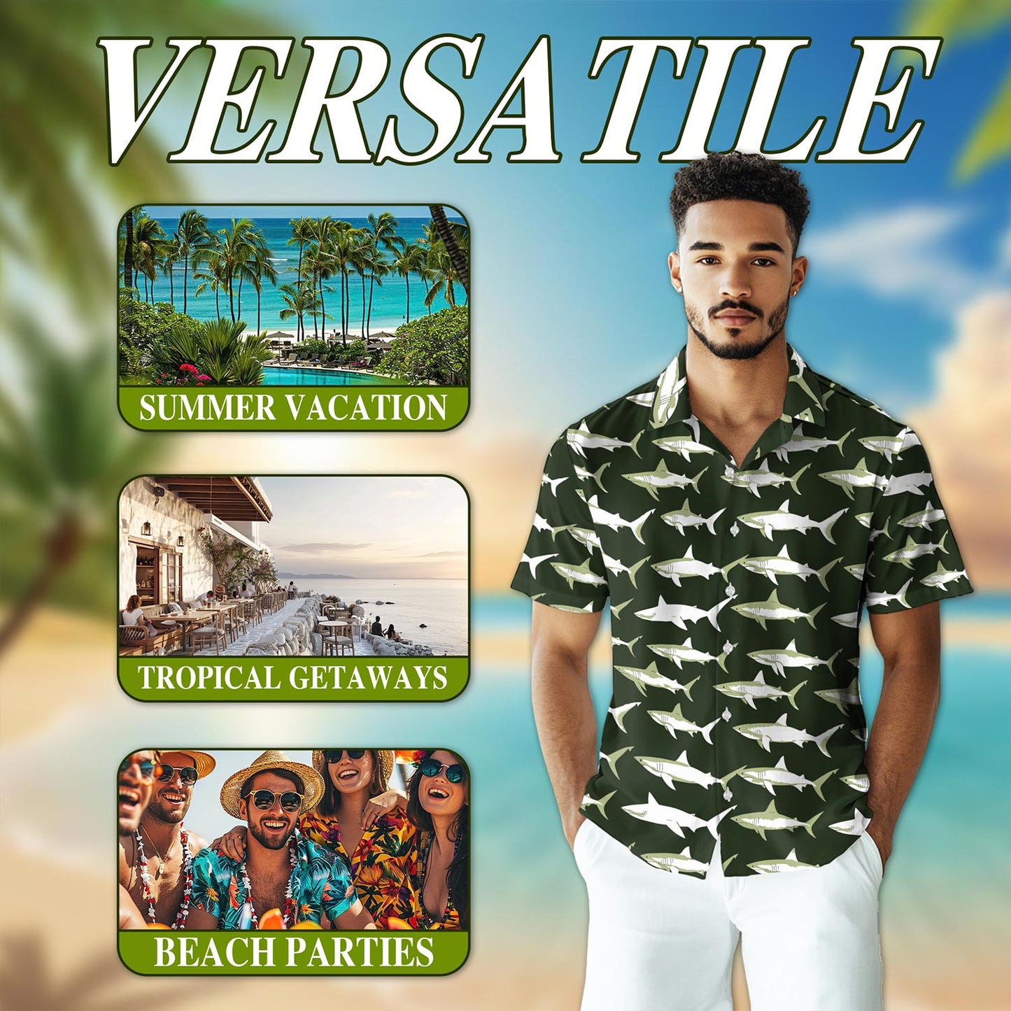 Netecom Retro Shark Hawaiian Shirt for Men, Vintage Style, Button Down Summer Beach Short Sleeve, S-5XL
