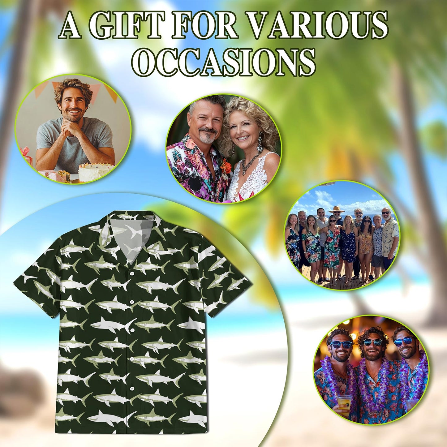 Netecom Retro Shark Hawaiian Shirt for Men, Vintage Style, Button Down Summer Beach Short Sleeve, S-5XL