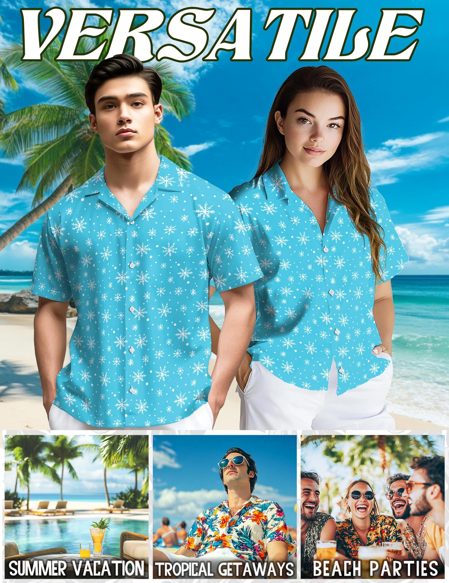 Netecom Retro Snowflake Hawaiian Shirt for Men, Vintage Style, Button Down Summer Beach Short Sleeve, S-5XL
