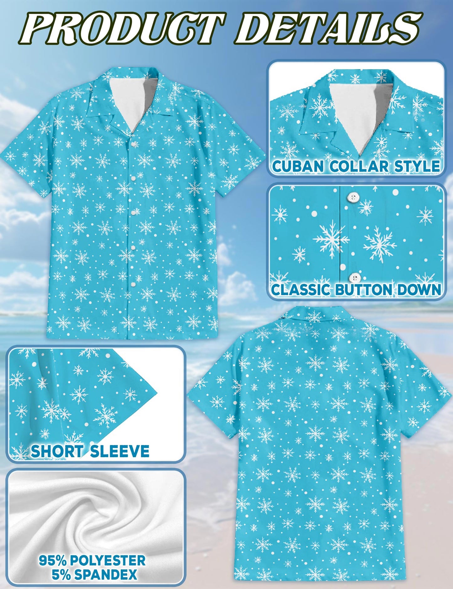 Netecom Retro Snowflake Hawaiian Shirt for Men, Vintage Style, Button Down Summer Beach Short Sleeve, S-5XL