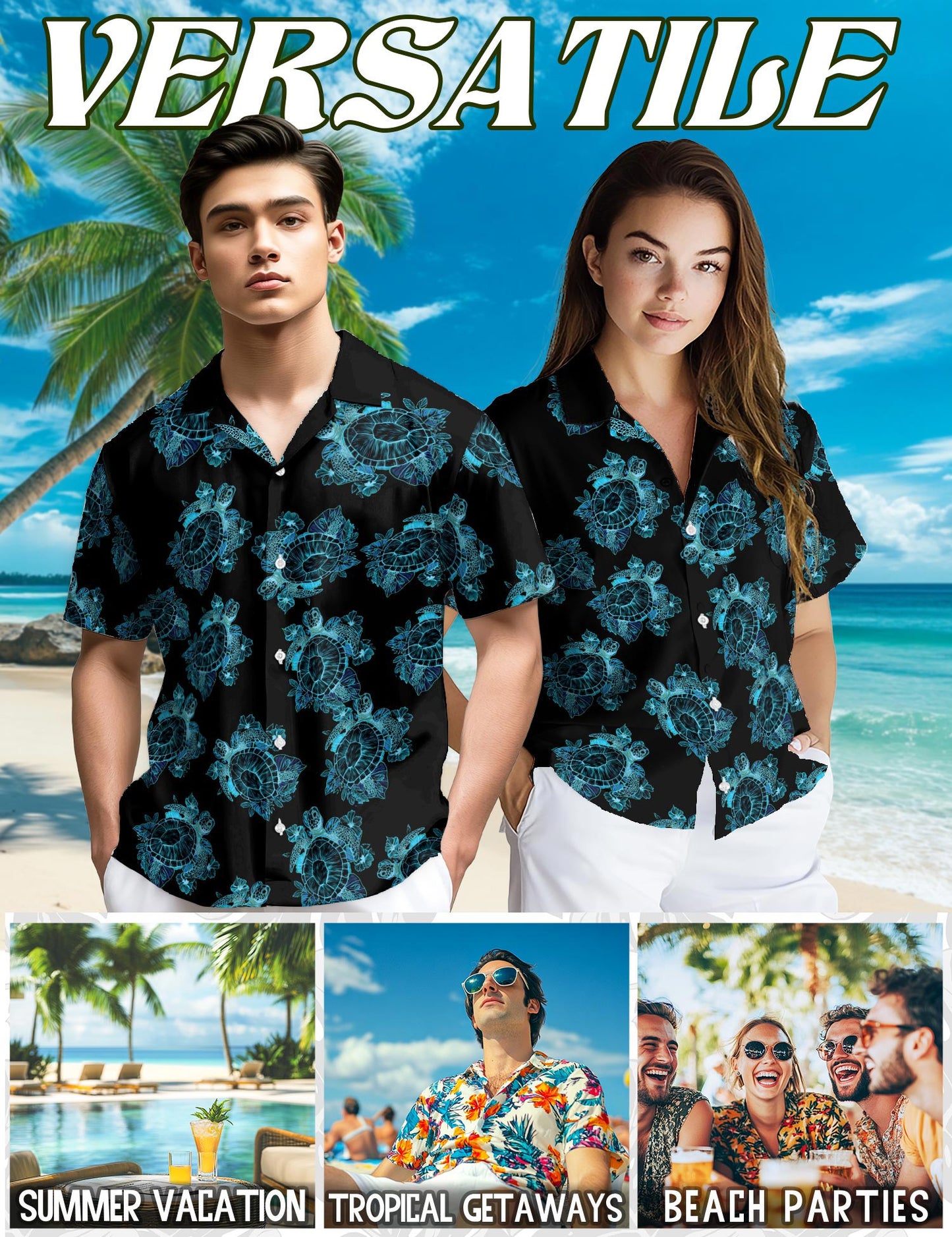 Netecom Retro Turtle Summer Hawaiian Shirt for Men, Button Down Summer Beach Short Sleeve, Tropical Style, Sizes S-5XL