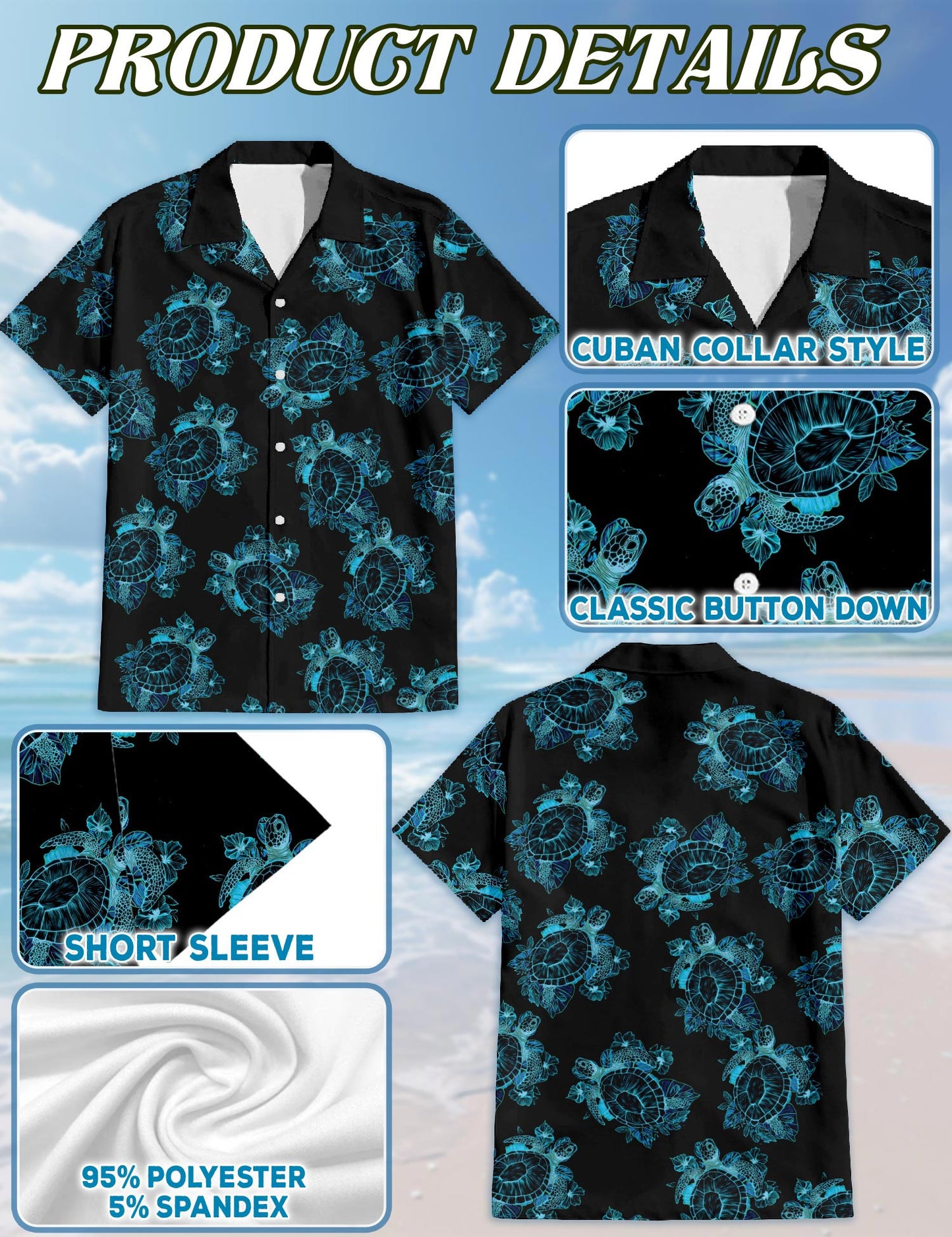 Netecom Retro Turtle Summer Hawaiian Shirt for Men, Button Down Summer Beach Short Sleeve, Tropical Style, Sizes S-5XL