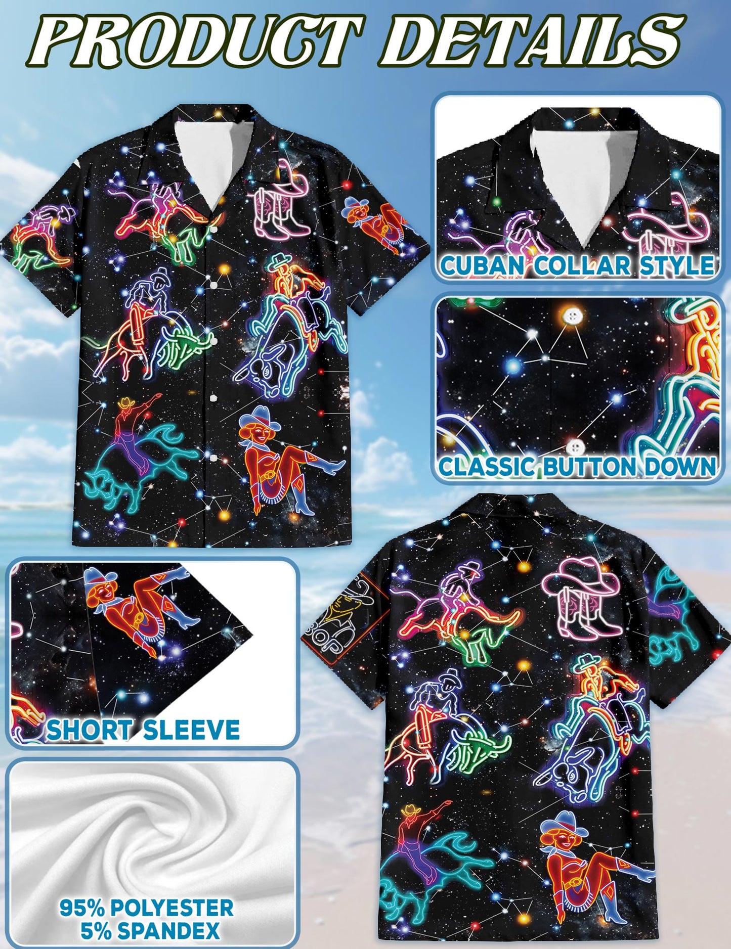 Netecom Riding Cow Neon Love Hawaiian Shirt for Men, Retro Style, Button Down Summer Beach Short Sleeve, S-5XL