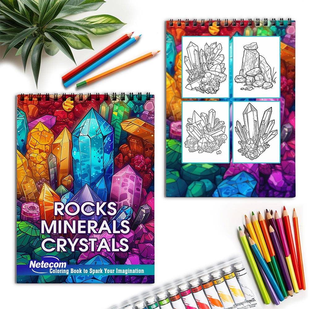 Netecom Rocks, Minerals & Crystals Spiral Coloring Book for Adults