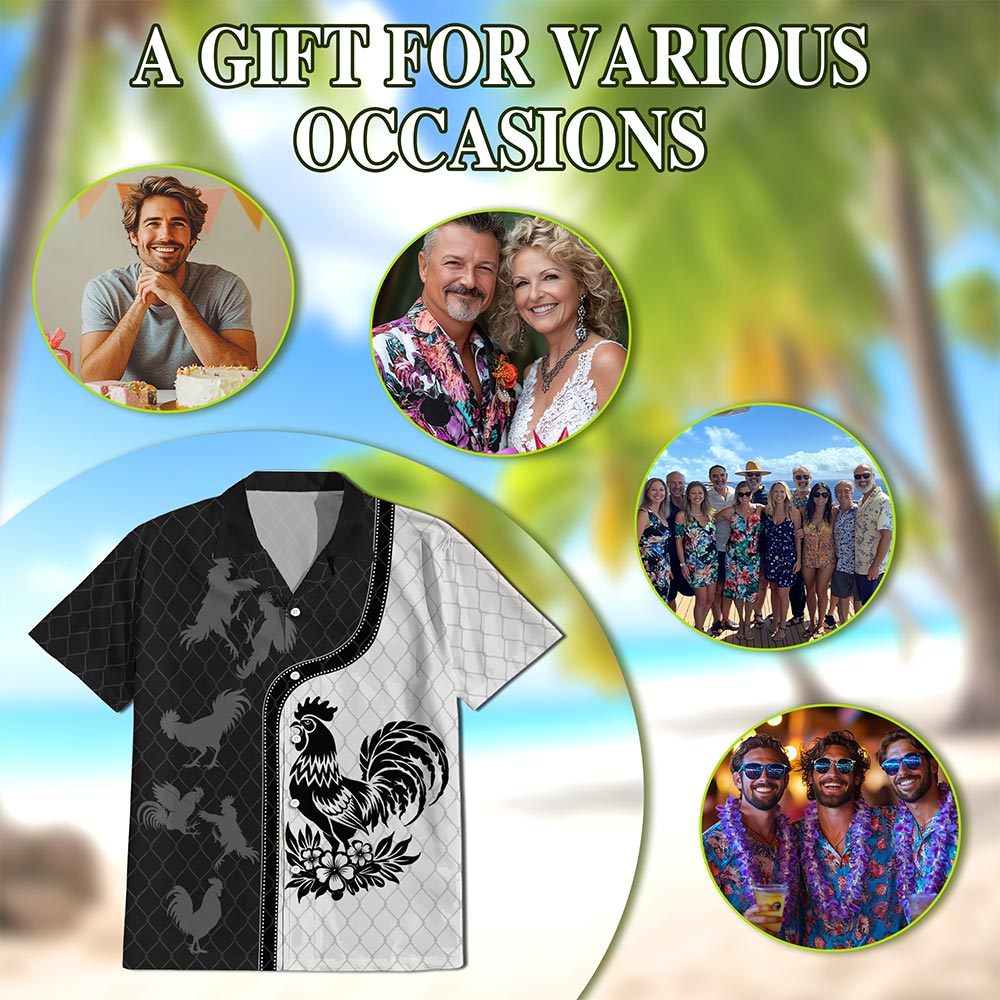 Netecom Rooster Hawaiian Shirt for Men, Retro Style, Button Down Summer Beach Short Sleeve, S-5XL