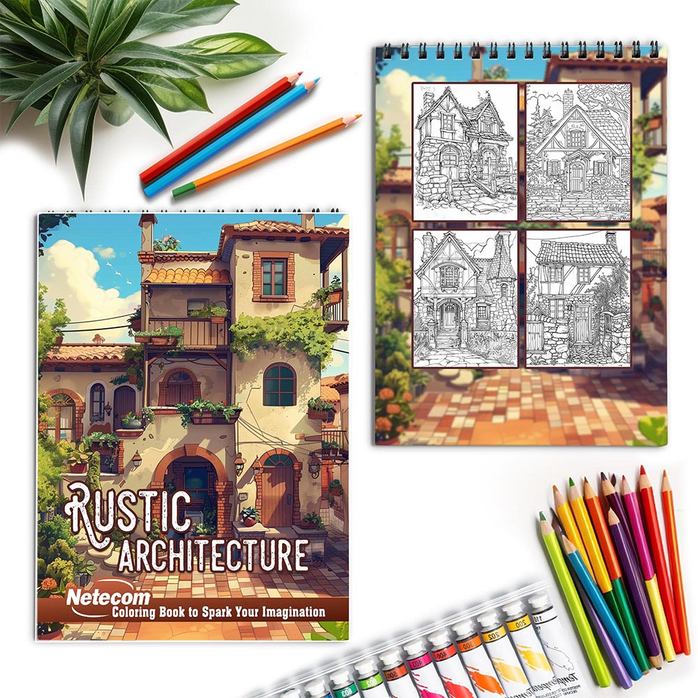 Netecom Rustic Architecture Spiral Coloring Book for Adults