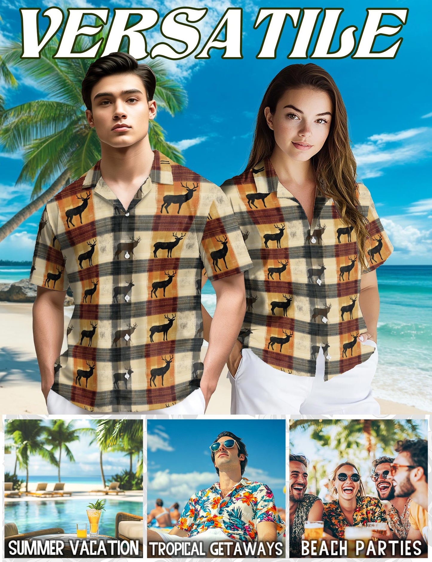 Netecom Rustic Deer Hawaiian Shirt for Men, Vintage Style, Button Down Summer Beach Short Sleeve, S-5XL