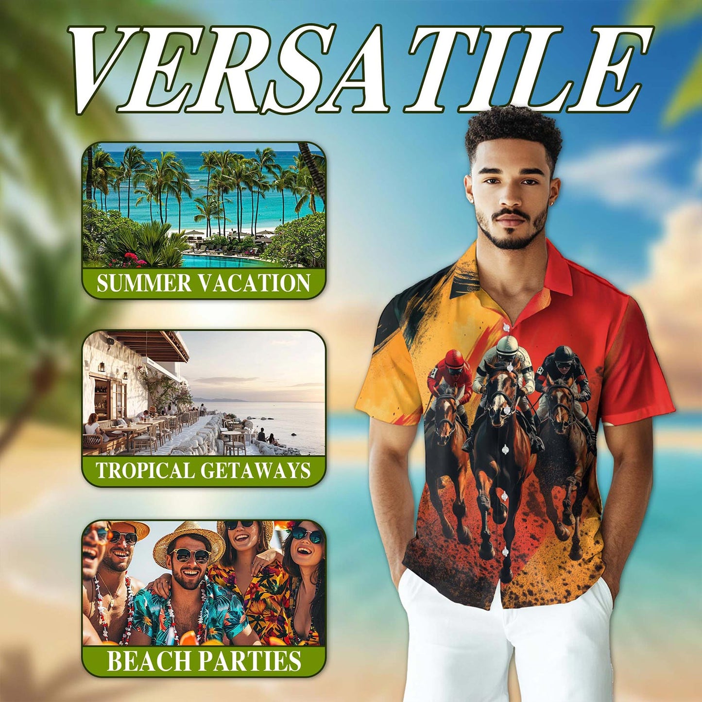 Netecom Rustic Racing Horse Hawaiian Shirt for Men, Button Down Summer Beach Short Sleeve, S-5XL