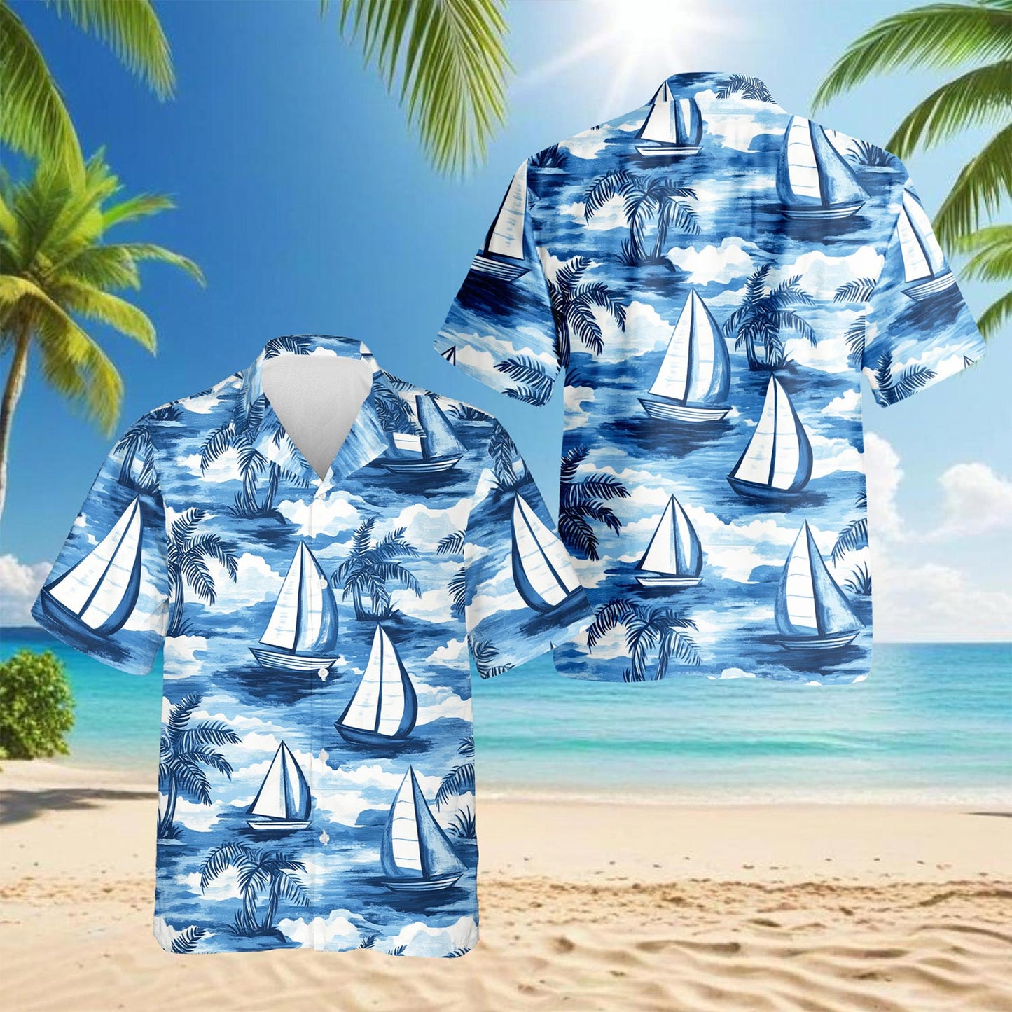 Netecom Sailboats Blue Hawaiian Shirt for Men, Button Down Summer Beach Short Sleeve, Tropical Style, Sizes S-5XL