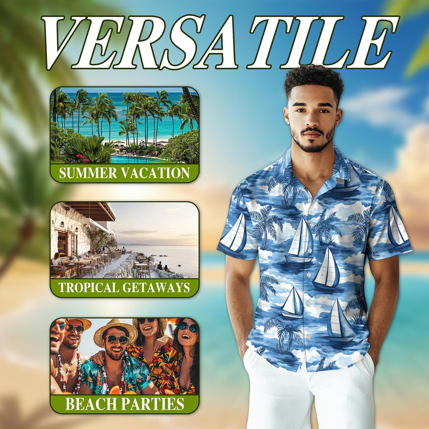 Netecom Sailboats Blue Hawaiian Shirt for Men, Button Down Summer Beach Short Sleeve, Tropical Style, Sizes S-5XL