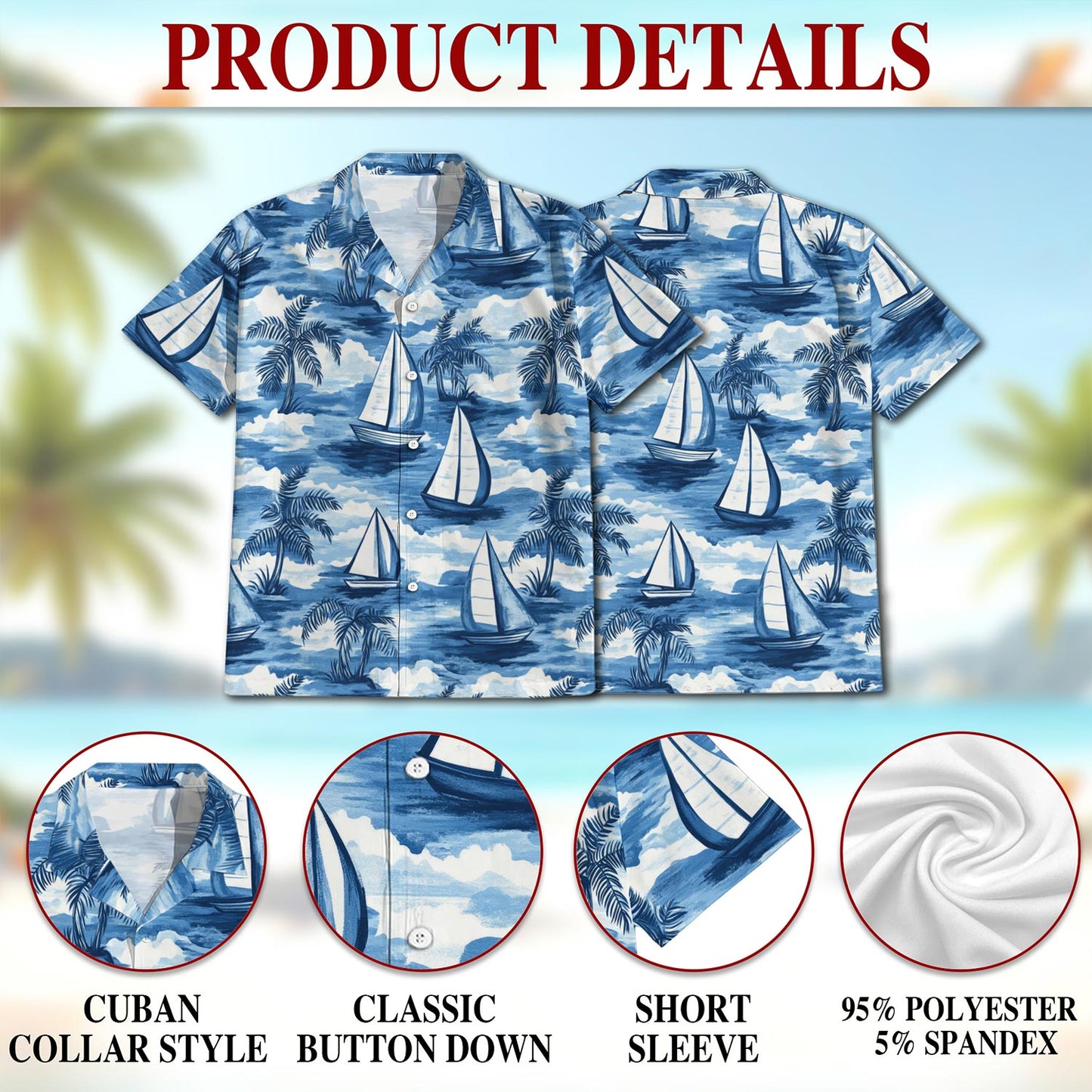 Netecom Sailboats Blue Hawaiian Shirt for Men, Button Down Summer Beach Short Sleeve, Tropical Style, Sizes S-5XL