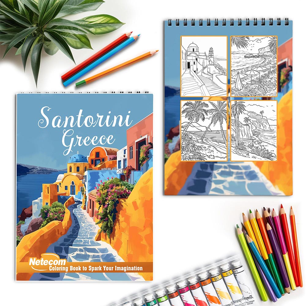 Netecom Santorini Greece Spiral Coloring Book for Adults