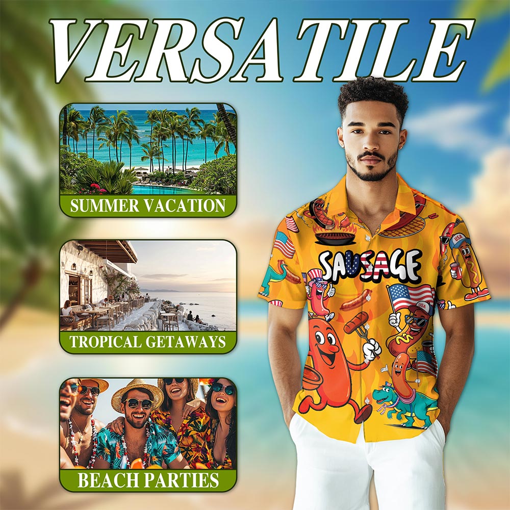 Netecom Sausage Hawaiian Shirt for Men, Funny Style, Button Down Summer Beach Short Sleeve, S-5XL