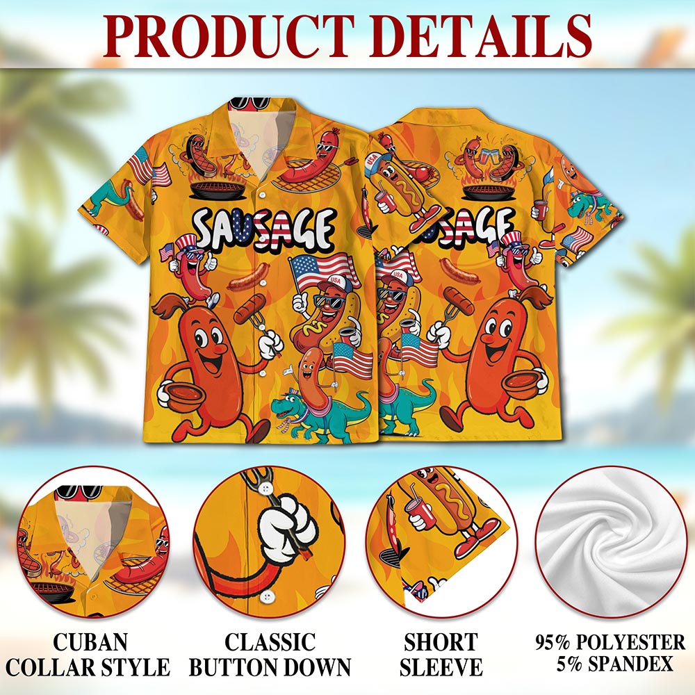 Netecom Sausage Hawaiian Shirt for Men, Funny Style, Button Down Summer Beach Short Sleeve, S-5XL