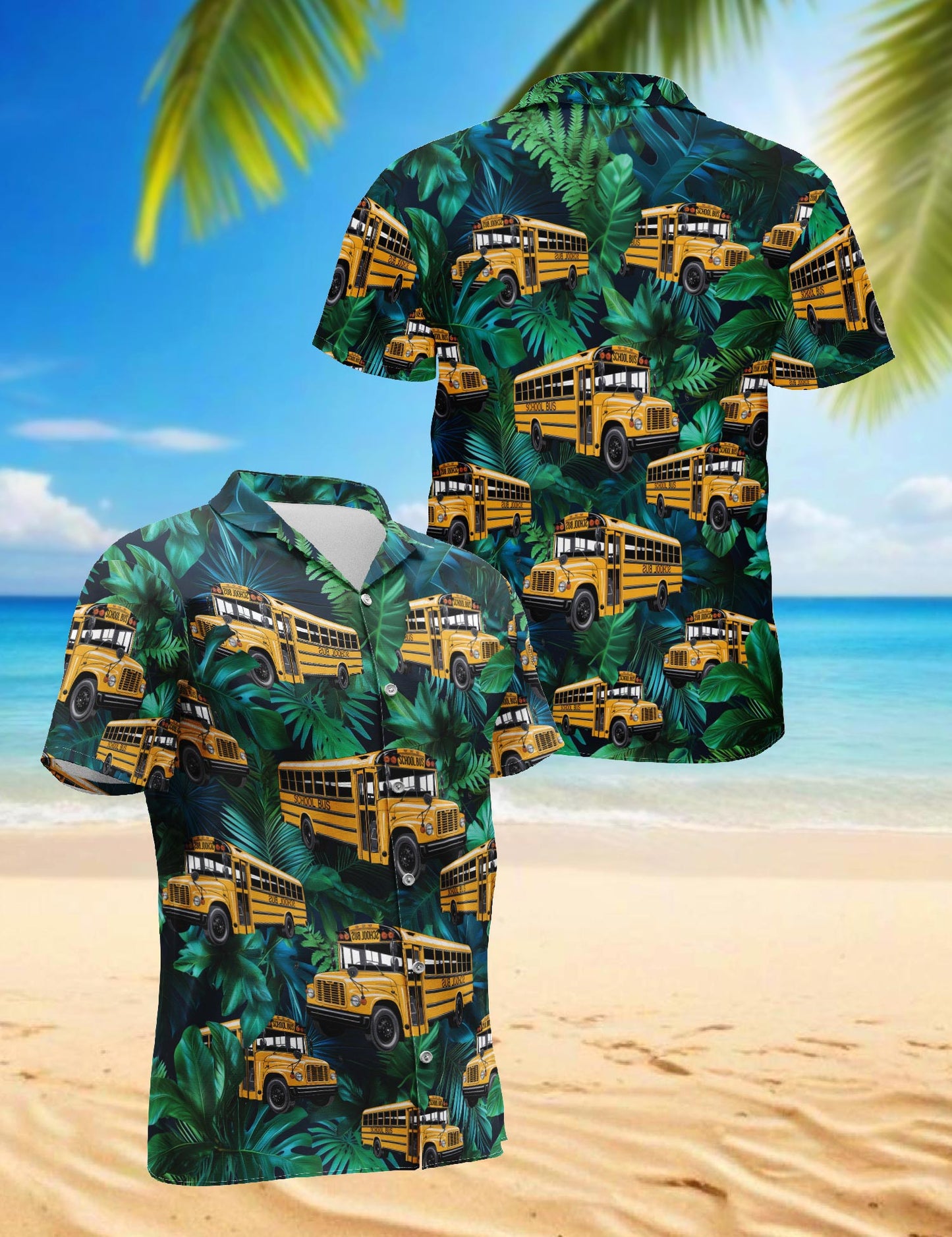 Netecom School Bus Hawaiian Shirt for Men, Tropical Style, Button Down Summer Beach Short Sleeve, S-5XL