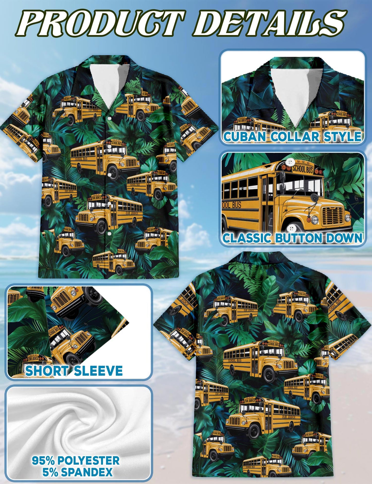 Netecom School Bus Hawaiian Shirt for Men, Tropical Style, Button Down Summer Beach Short Sleeve, S-5XL