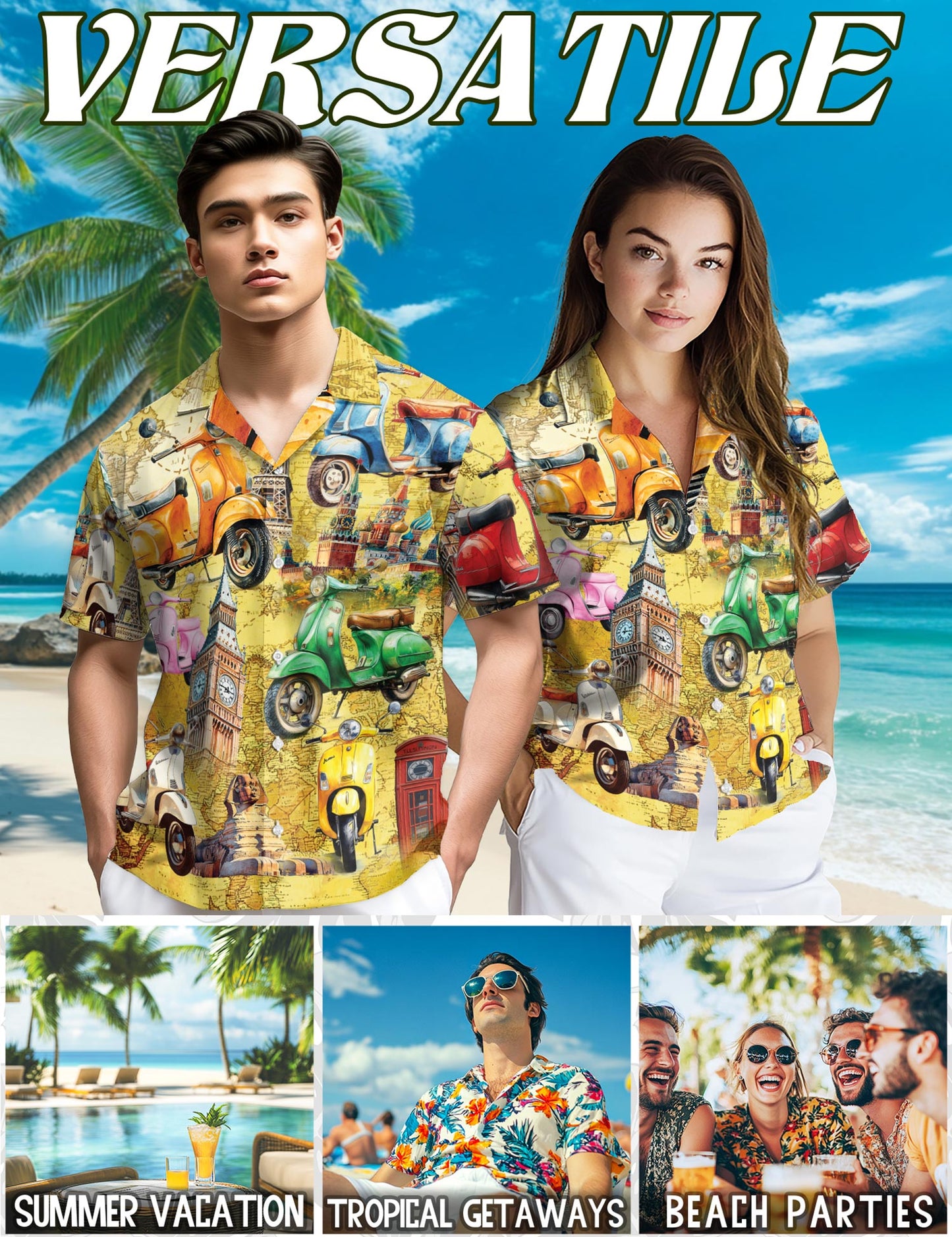 Netecom Scooters Chill Hawaiian Shirt for Men, Vintage Style, Button Down Summer Beach Short Sleeve, S-5XL
