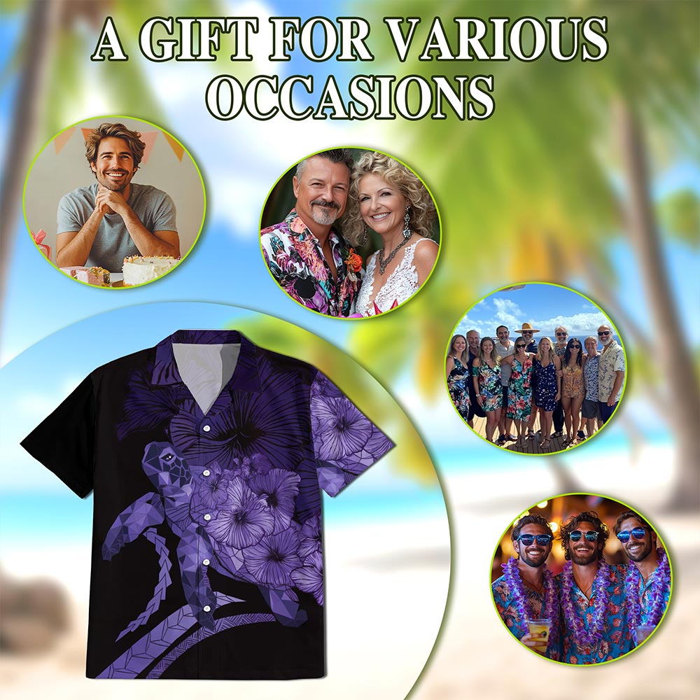 Netecom Sea Turtle Flower Purple Hawaiian Shirt for Men, Retro Style, Button Down Summer Beach Short Sleeve, S-5XL