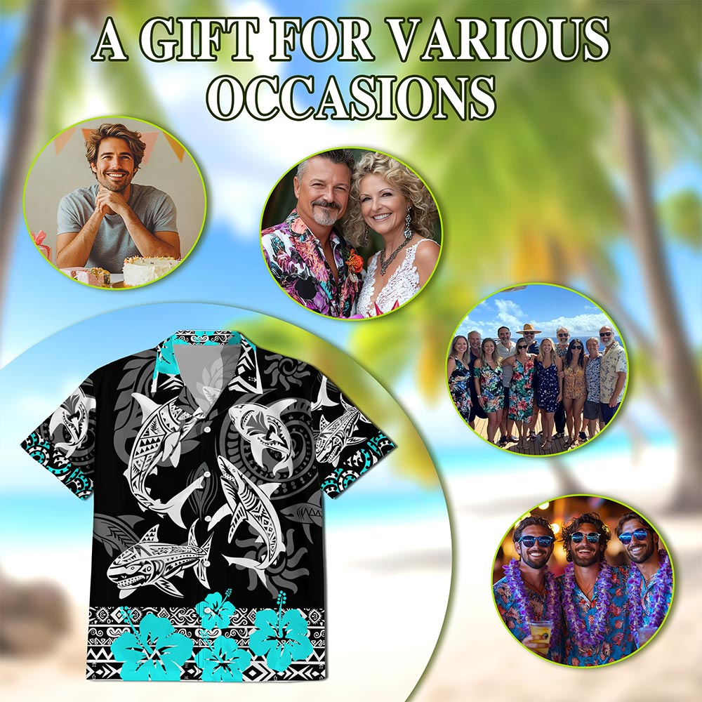 Netecom Shark Hawaiian Shirt for Men, Vintage Style, Button Down Summer Beach Short Sleeve, S-5XL