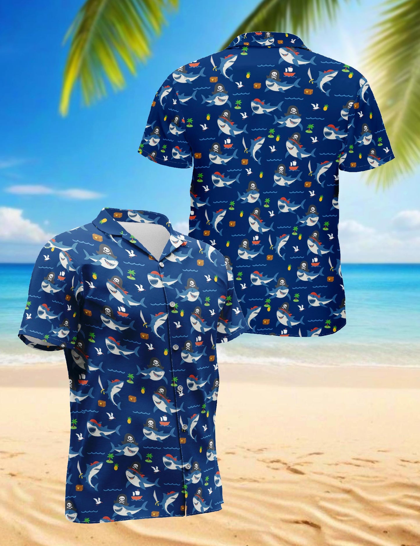 Netecom Shark Pirates Hawaiian Shirt for Men, Retro Style, Button Down Summer Beach Short Sleeve, S-5XL