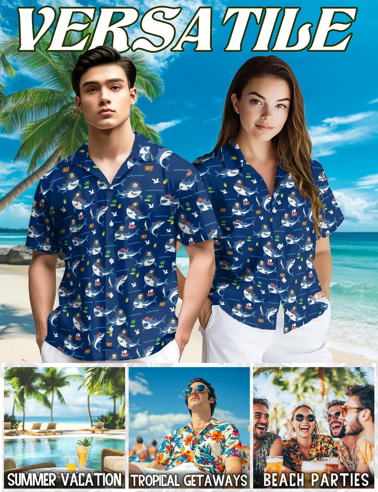 Netecom Shark Pirates Hawaiian Shirt for Men, Retro Style, Button Down Summer Beach Short Sleeve, S-5XL