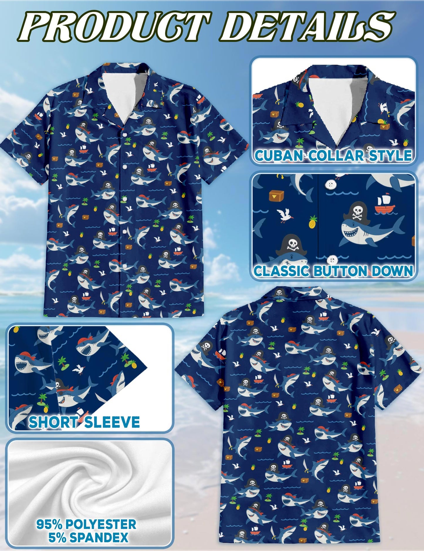 Netecom Shark Pirates Hawaiian Shirt for Men, Retro Style, Button Down Summer Beach Short Sleeve, S-5XL