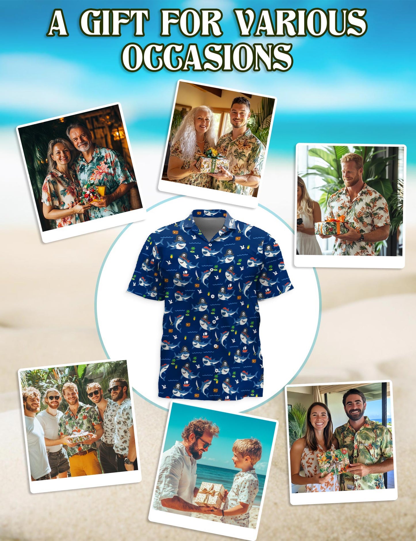 Netecom Shark Pirates Hawaiian Shirt for Men, Retro Style, Button Down Summer Beach Short Sleeve, S-5XL