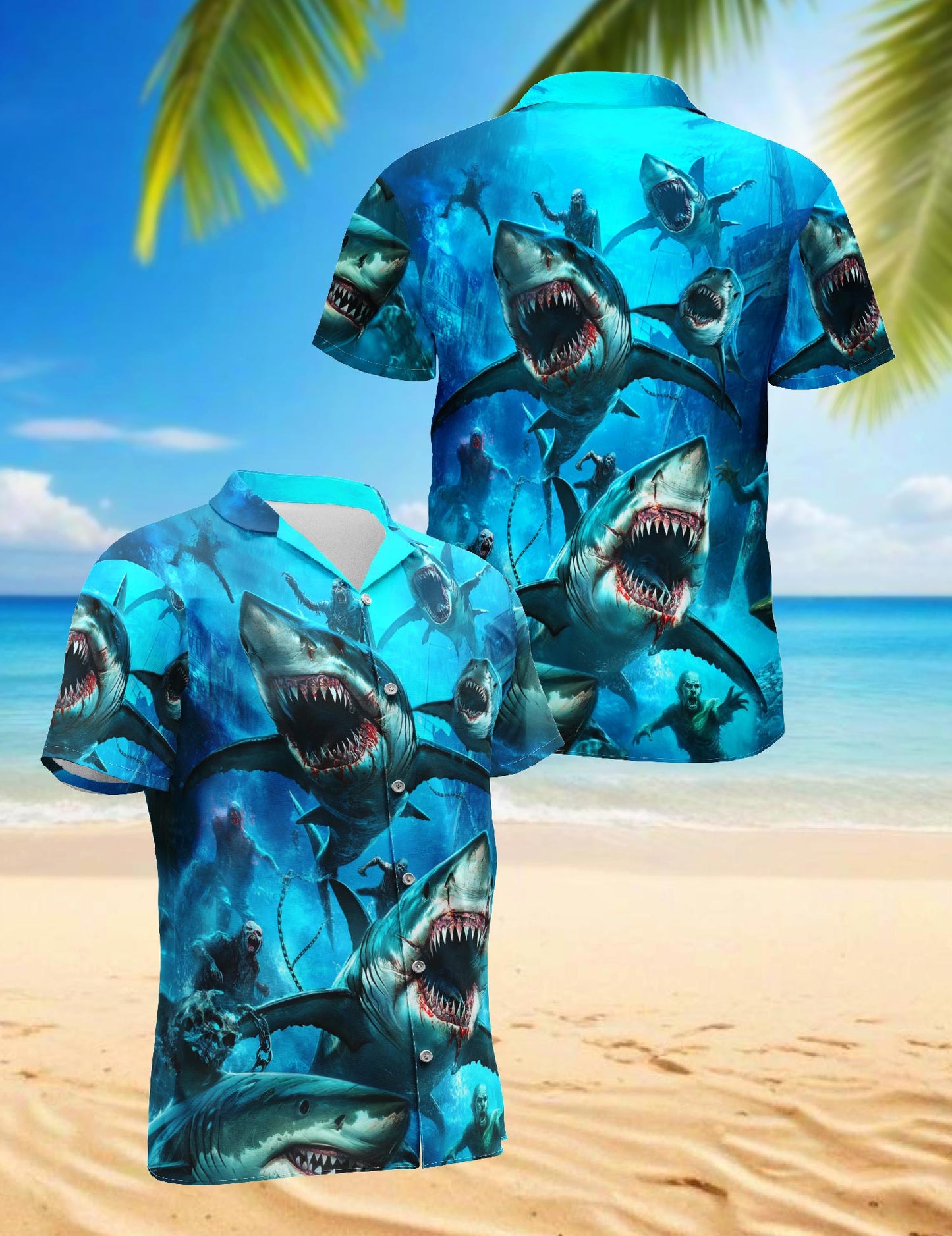 Netecom Sharks And Zombies War Hawaiian Shirt for Men, Horror Battle Style, Button Down Summer Beach Short Sleeve, S-5XL