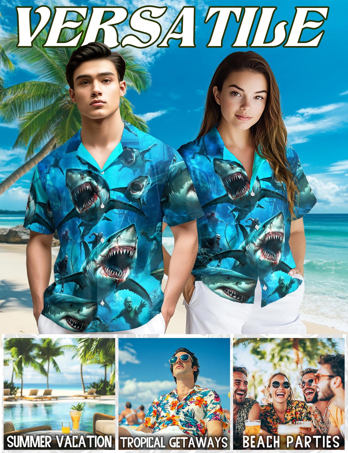 Netecom Sharks And Zombies War Hawaiian Shirt for Men, Horror Battle Style, Button Down Summer Beach Short Sleeve, S-5XL