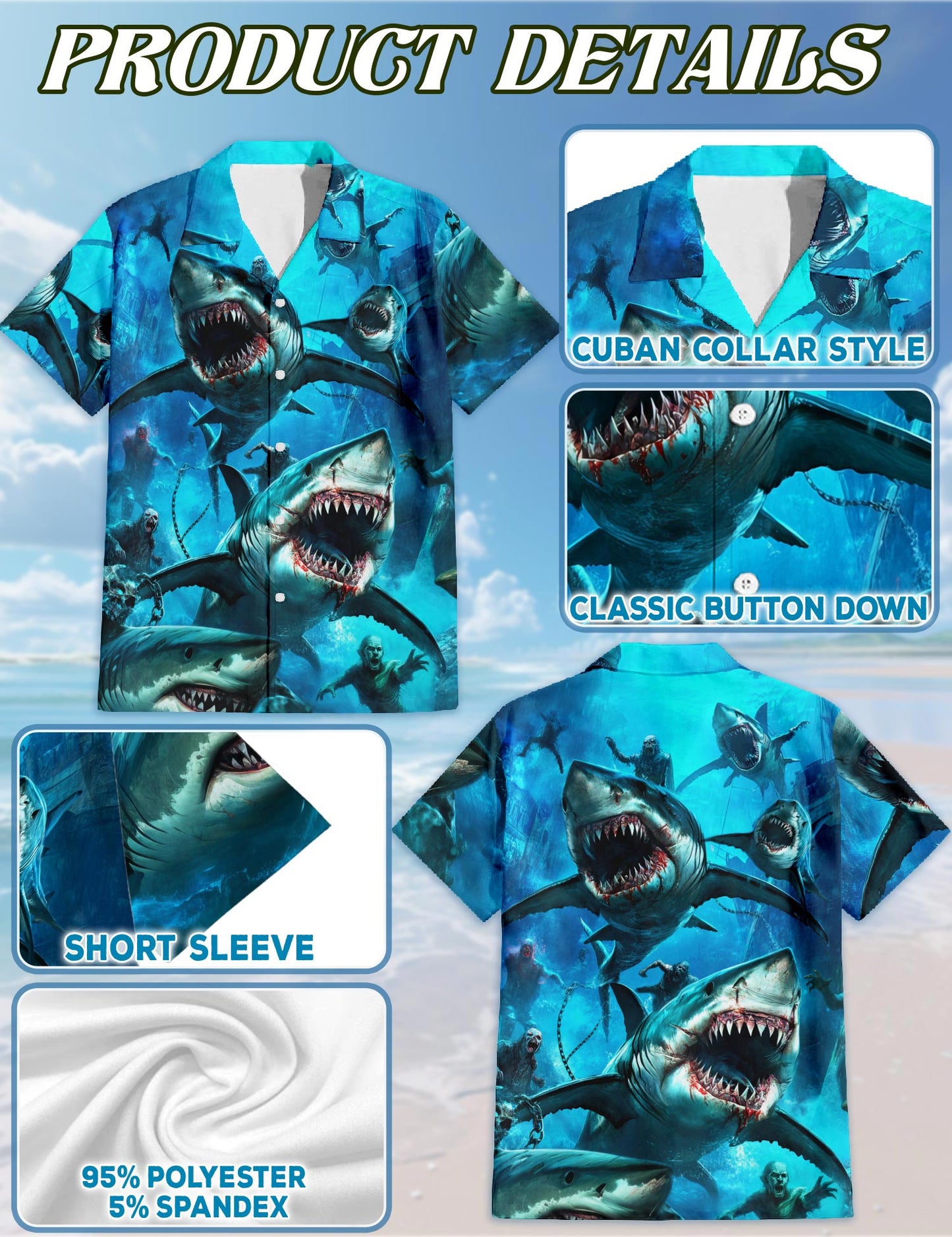 Netecom Sharks And Zombies War Hawaiian Shirt for Men, Horror Battle Style, Button Down Summer Beach Short Sleeve, S-5XL