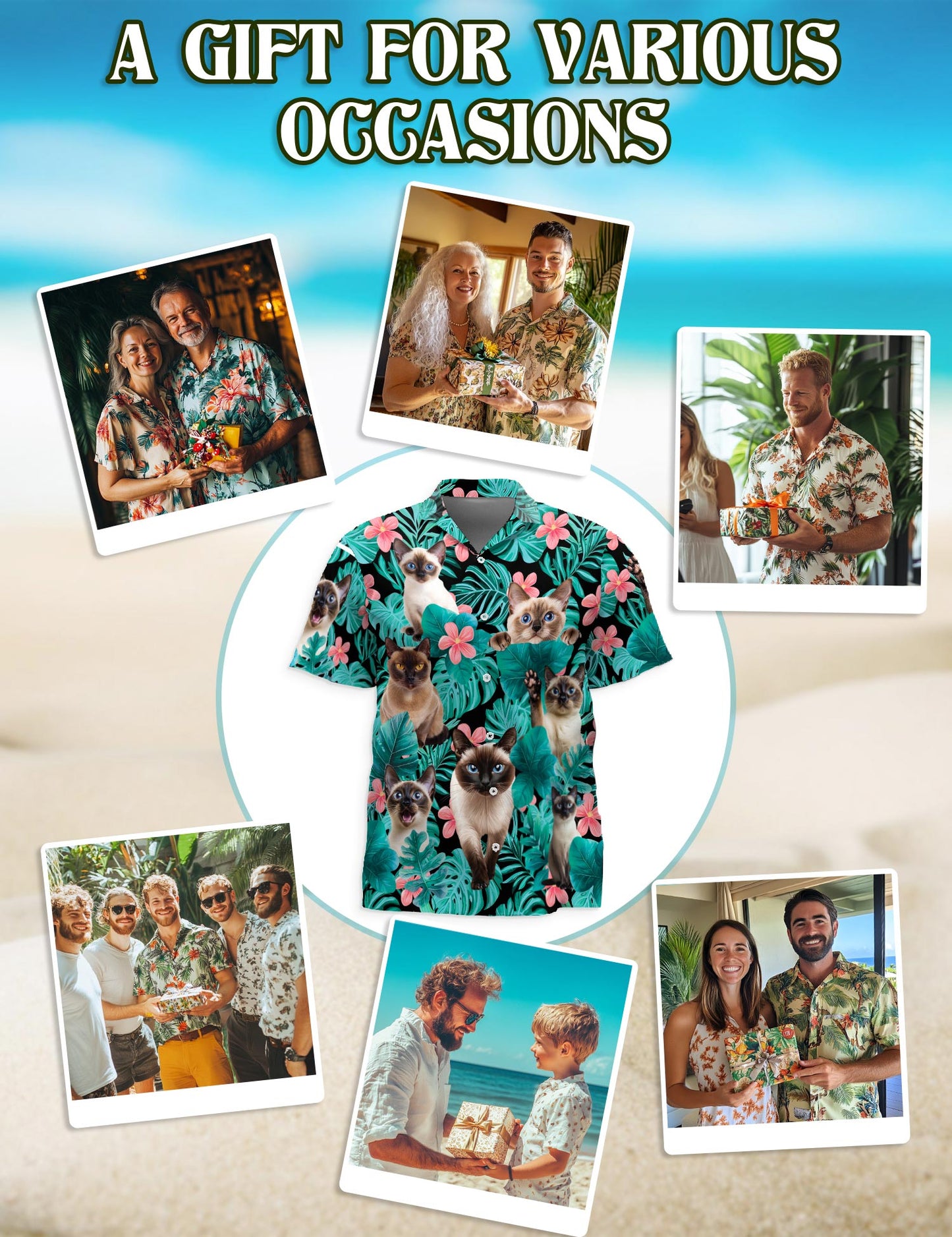 Netecom Siamese Cat Hawaiian Shirt for Men, Button Down Summer Beach Short Sleeve, Tropical Style, Sizes S-5XL