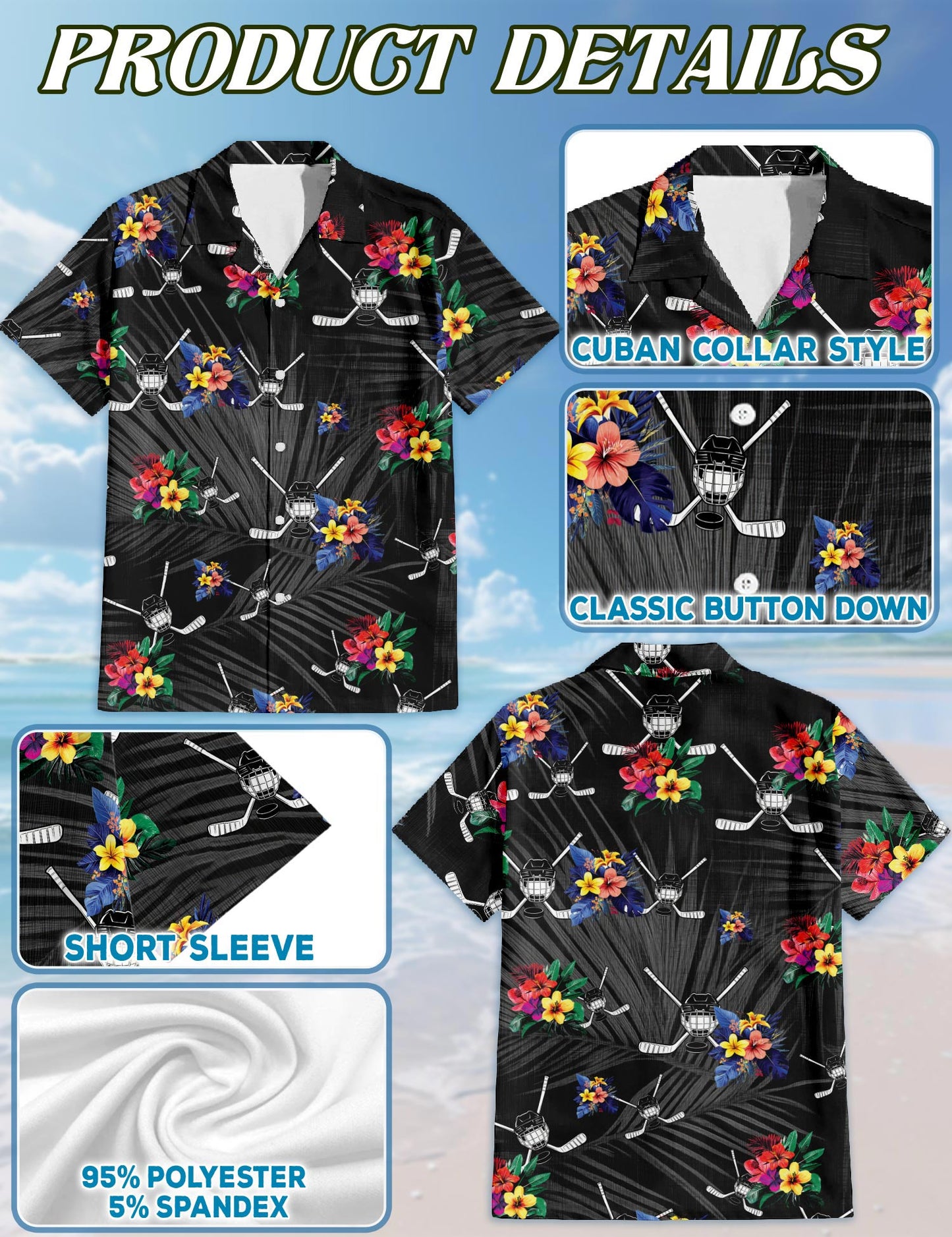 Netecom Simple Hockey Hawaiian Shirt for Men, Tropical Style, Button Down Summer Beach Short Sleeve, S-5XL