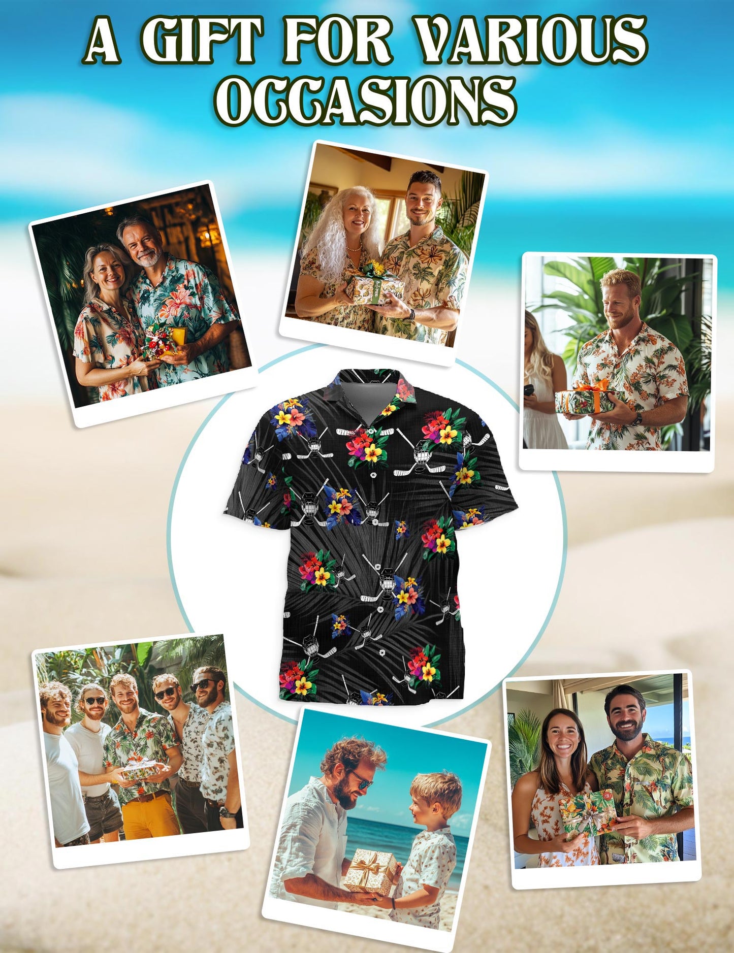 Netecom Simple Hockey Hawaiian Shirt for Men, Tropical Style, Button Down Summer Beach Short Sleeve, S-5XL