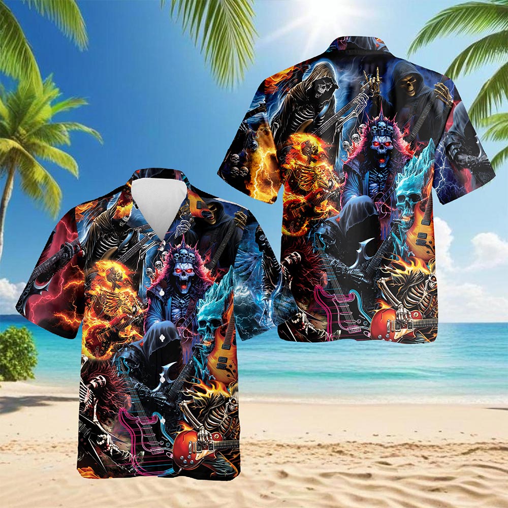Netecom Skeleton Electric Guitar Hawaiian Shirt for Men Women, Musical Instrument Button Down Summer Aloha Beach Shirts, S-5XL