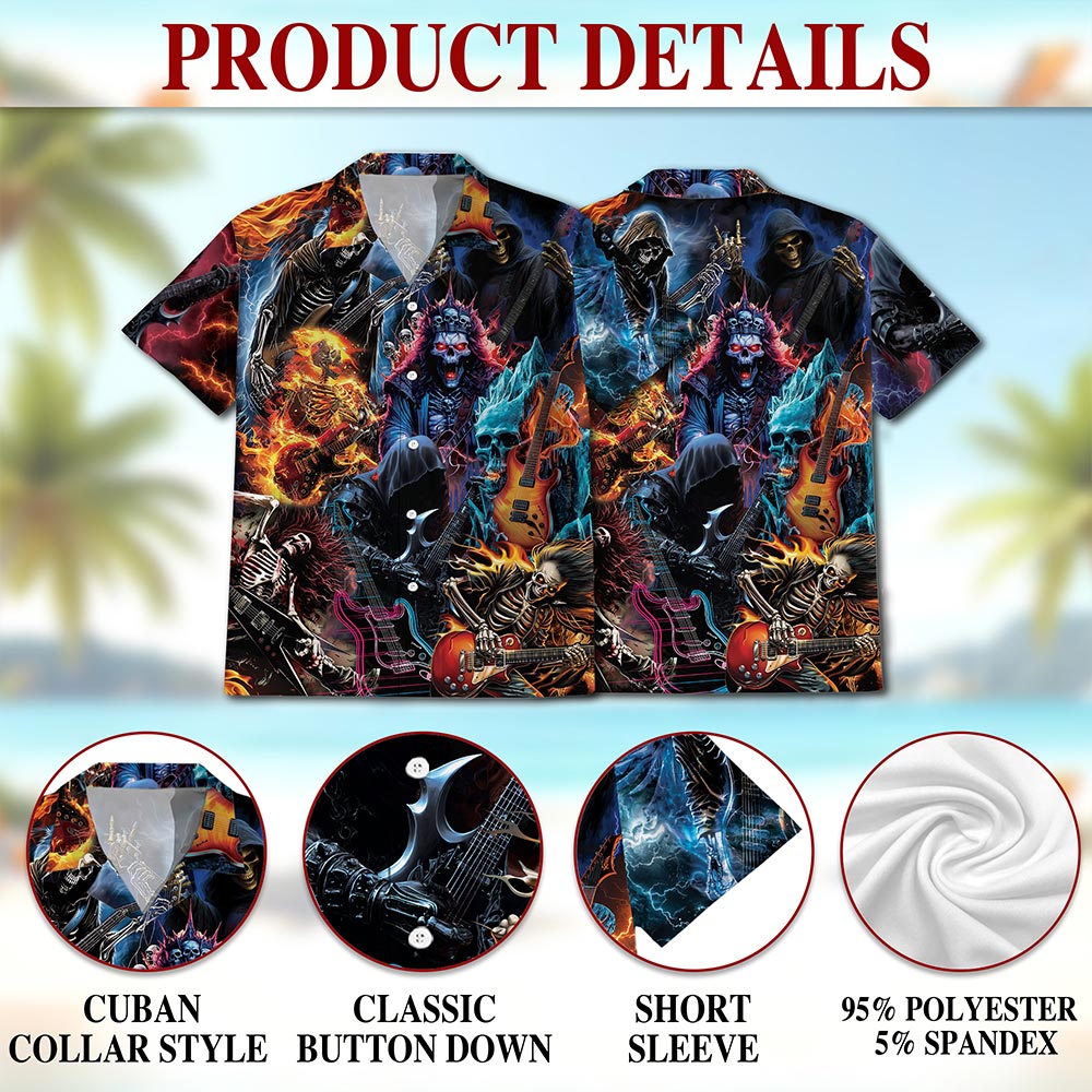 Netecom Skeleton Electric Guitar Hawaiian Shirt for Men Women, Musical Instrument Button Down Summer Aloha Beach Shirts, S-5XL