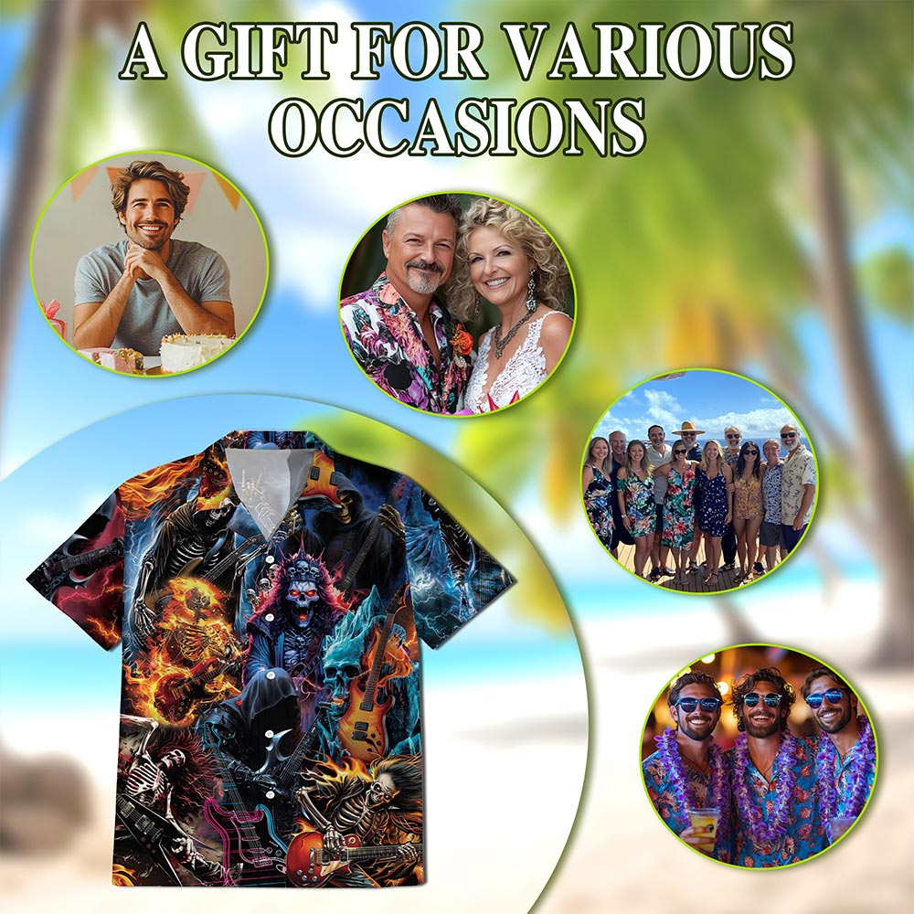 Netecom Skeleton Electric Guitar Hawaiian Shirt for Men Women, Musical Instrument Button Down Summer Aloha Beach Shirts, S-5XL